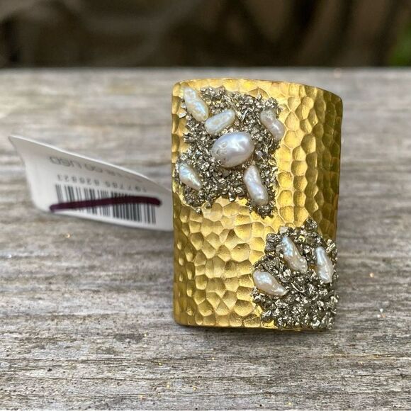 NWT Marly Moretti Free People Alba Freshwater Pearl/Brass/Pyrite Stone Ring Adj - Picture 4 of 11